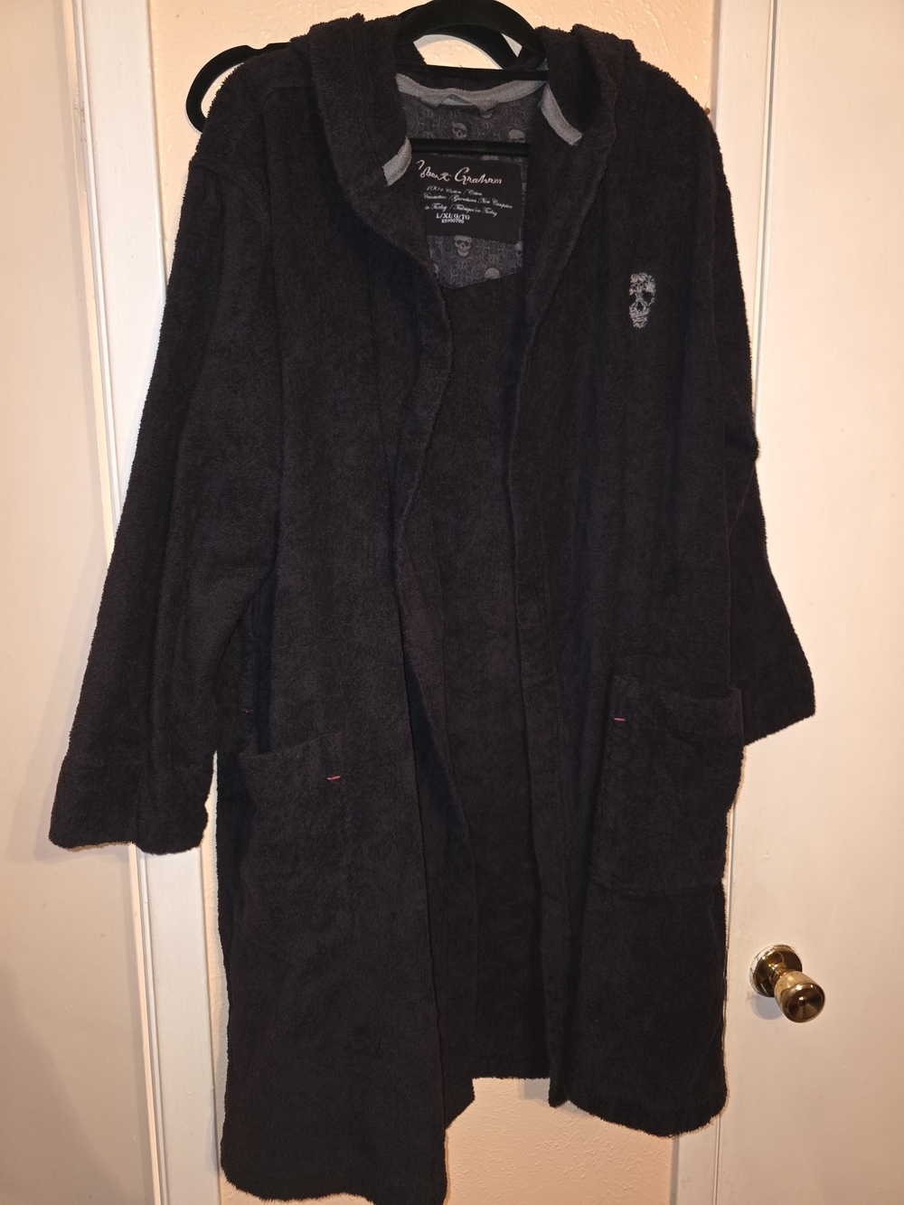 Robert Graham Mens Black Skull Hooded Bathrobe Terry Cloth 100% Cotton L/XL